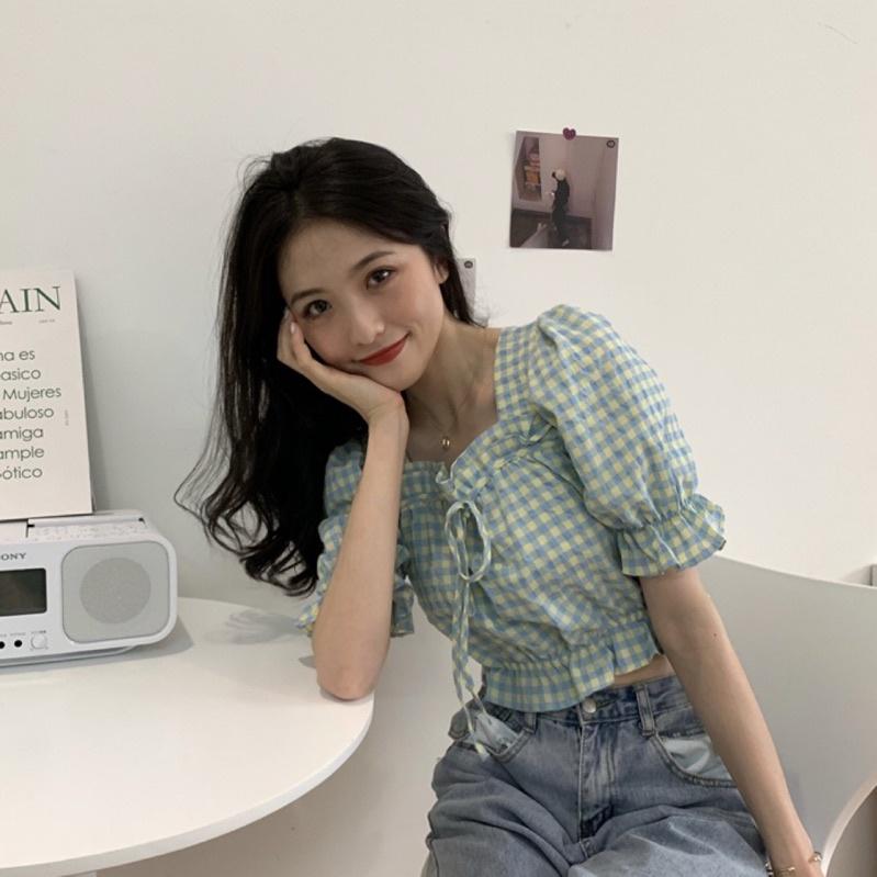 CU｜M38 法式格子方領襯衫🌹泡泡袖短版氣質上衣