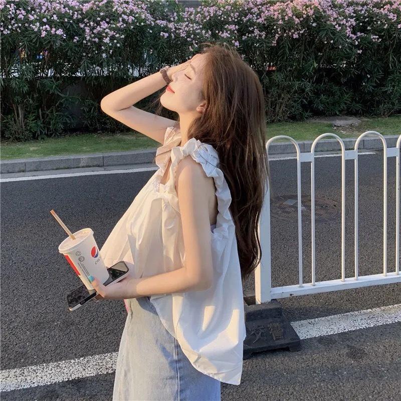 CU｜N22 小清新仙女系🧚‍♀️心機純色木耳邊吊帶背心上衣/雪紡衫