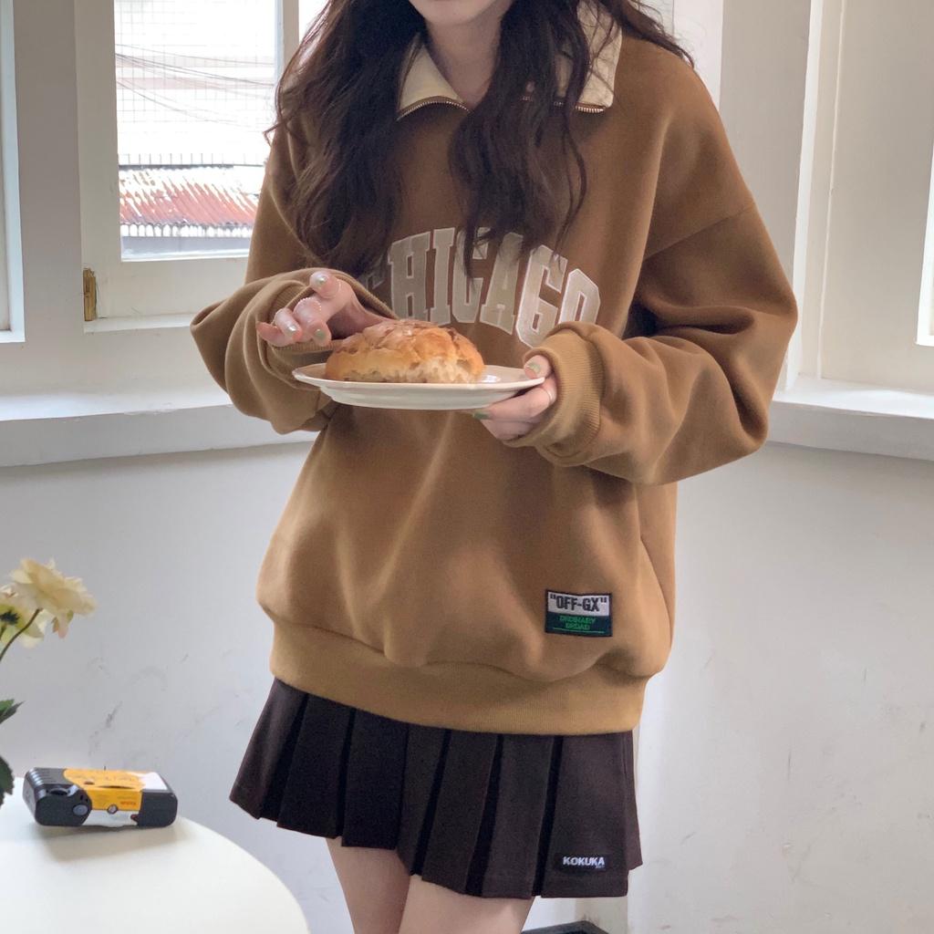 CU｜V01 加絨加厚❤️‍🔥 丹麥女孩~美式復古Polo領純色長袖衛衣/大學T