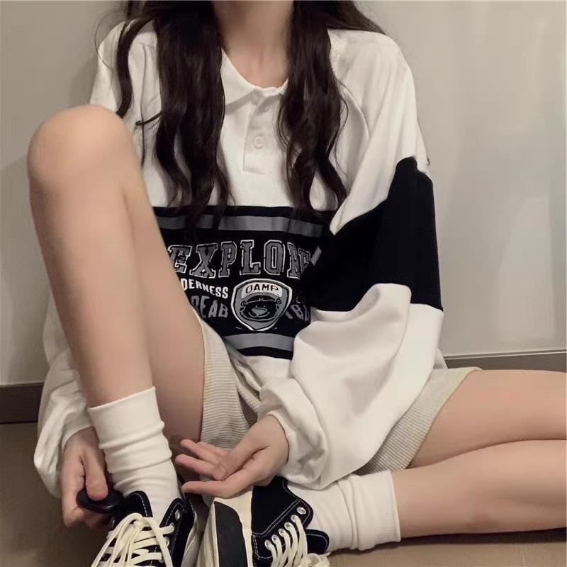CU｜V06 黑白美式復古🐼 撞色POLO領寬鬆百搭長袖衛衣/大學T