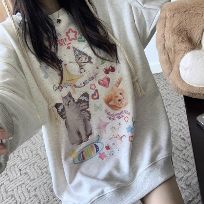 CU｜Z08 CU🇰🇷現貨秒出🔥貓咪印花拼圖🐈寬鬆百搭慵懶風長袖T恤上衣/長袖衛衣/大學T