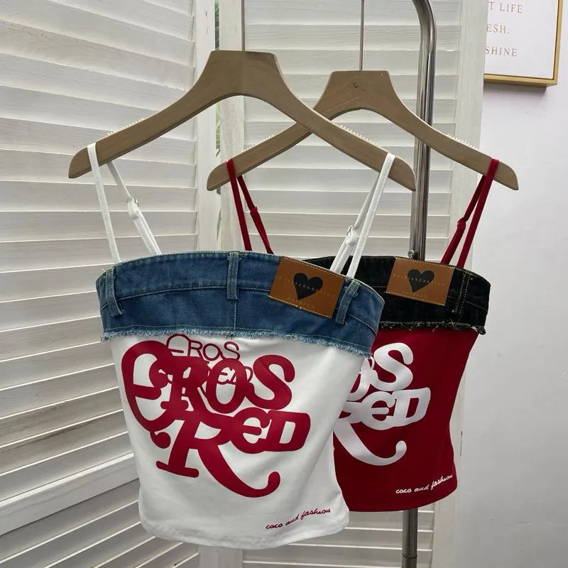 CU｜R26 一眼動心丹寧拼接細肩帶平口背心