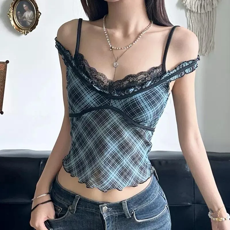 CU｜S10-1 復古格紋🖤假兩件蕾絲拼接 吊帶上衣