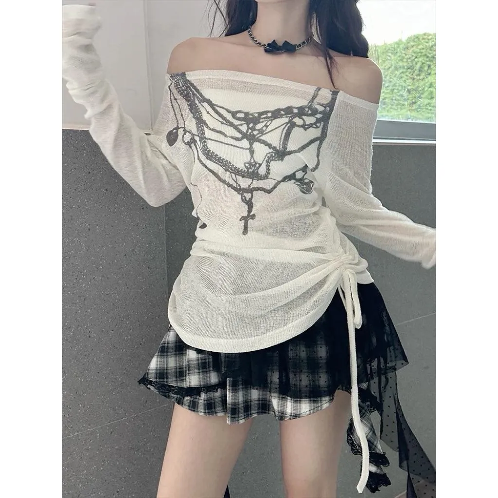 CU｜Q42 CU🇰🇷現貨✝️暗黑系🖤美式辣妹圖騰印花長袖一字領上衣 抽繩上衣 長袖針織衫 罩衫 防曬上衣