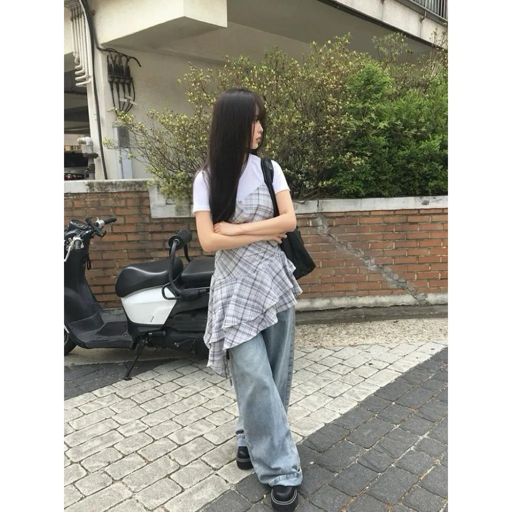 CU｜Z16 格紋荷葉邊不規則細肩帶連身裙