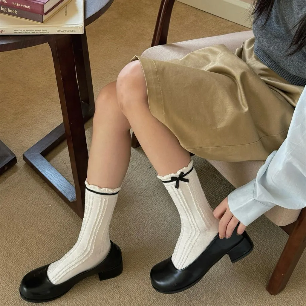 CU｜K132 溫柔風立體蝴蝶結木耳邊中筒襪