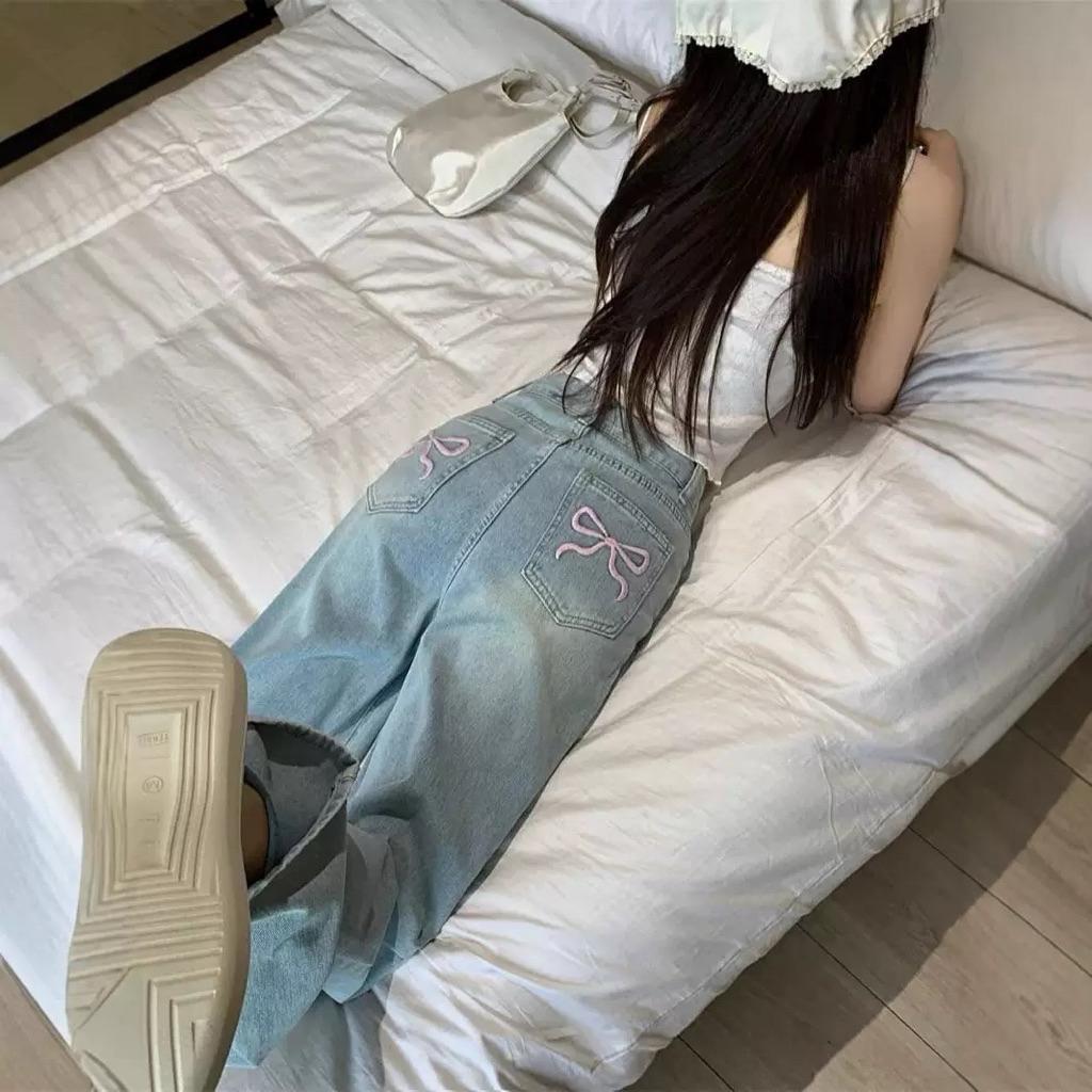 CU｜H54 CU🇰🇷現貨🎀蝴蝶結刺繡🎀休閒牛仔直筒褲 牛仔褲 闊腿褲 直筒牛仔褲