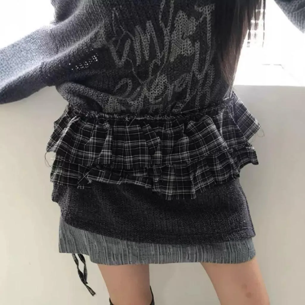 CU｜03A 復古格子褶皺花邊綁帶短裙