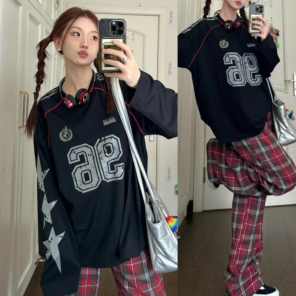 CU｜Z71 美式復古球衣🖤斑駁星星拼接球衣 寬鬆百搭T恤 大學T 長袖上衣 長袖球衣 長袖大學T 女版球衣