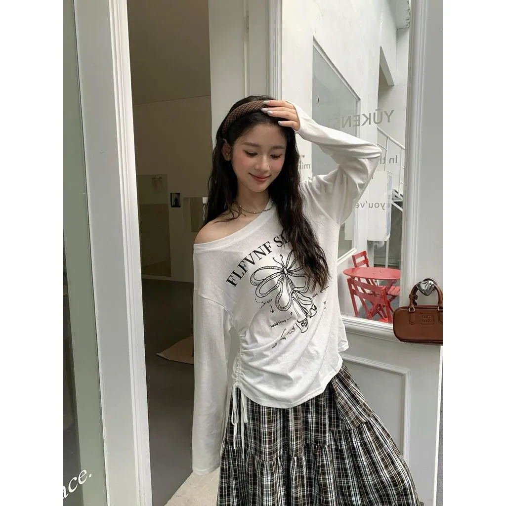 CU｜Q32 韓系芭蕾風🩰百搭休閒側抽繩寬鬆長袖罩衫 防曬罩衫 露肩上衣 薄長袖 防曬上衣 秋冬穿搭
