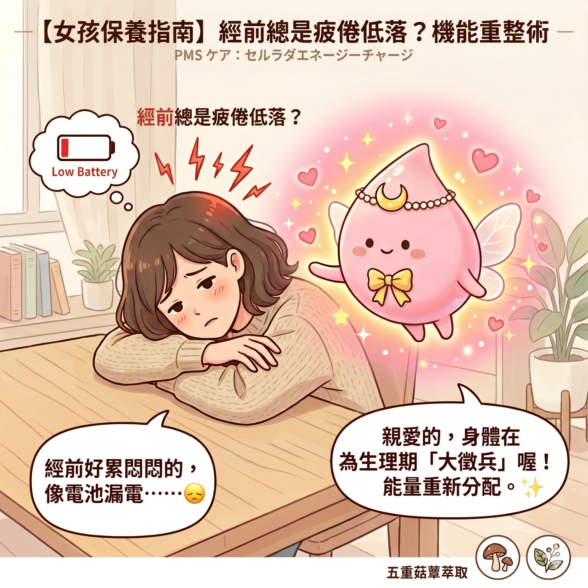 經前疲倦與月經前低電量的日常照顧情境，說明週期前常見狀態與生活觀察。