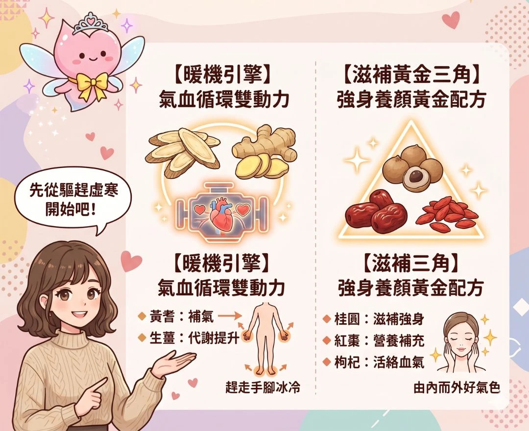 桂妃飲五大溫潤草本成分示意，包含桂圓、紅棗、枸杞、黃耆與薑，作為女性週期前後的日常營養補給。