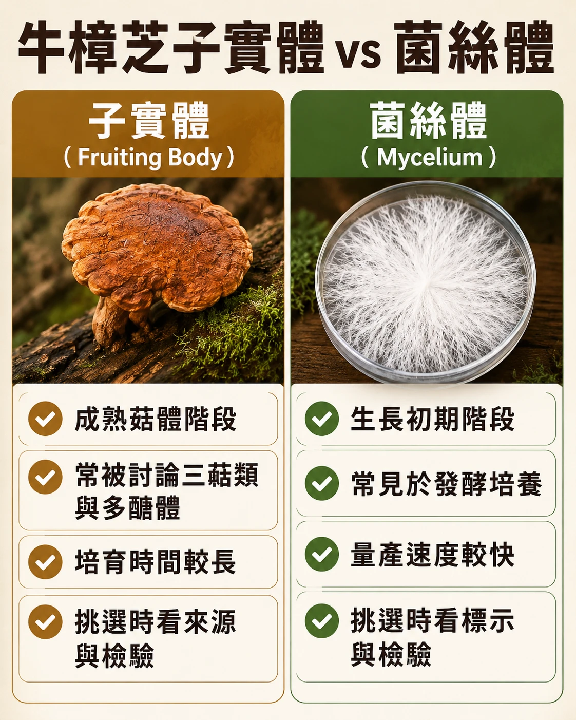 牛樟芝子實體與菌絲體比較，整理培養方式、成分指標與挑選重點。