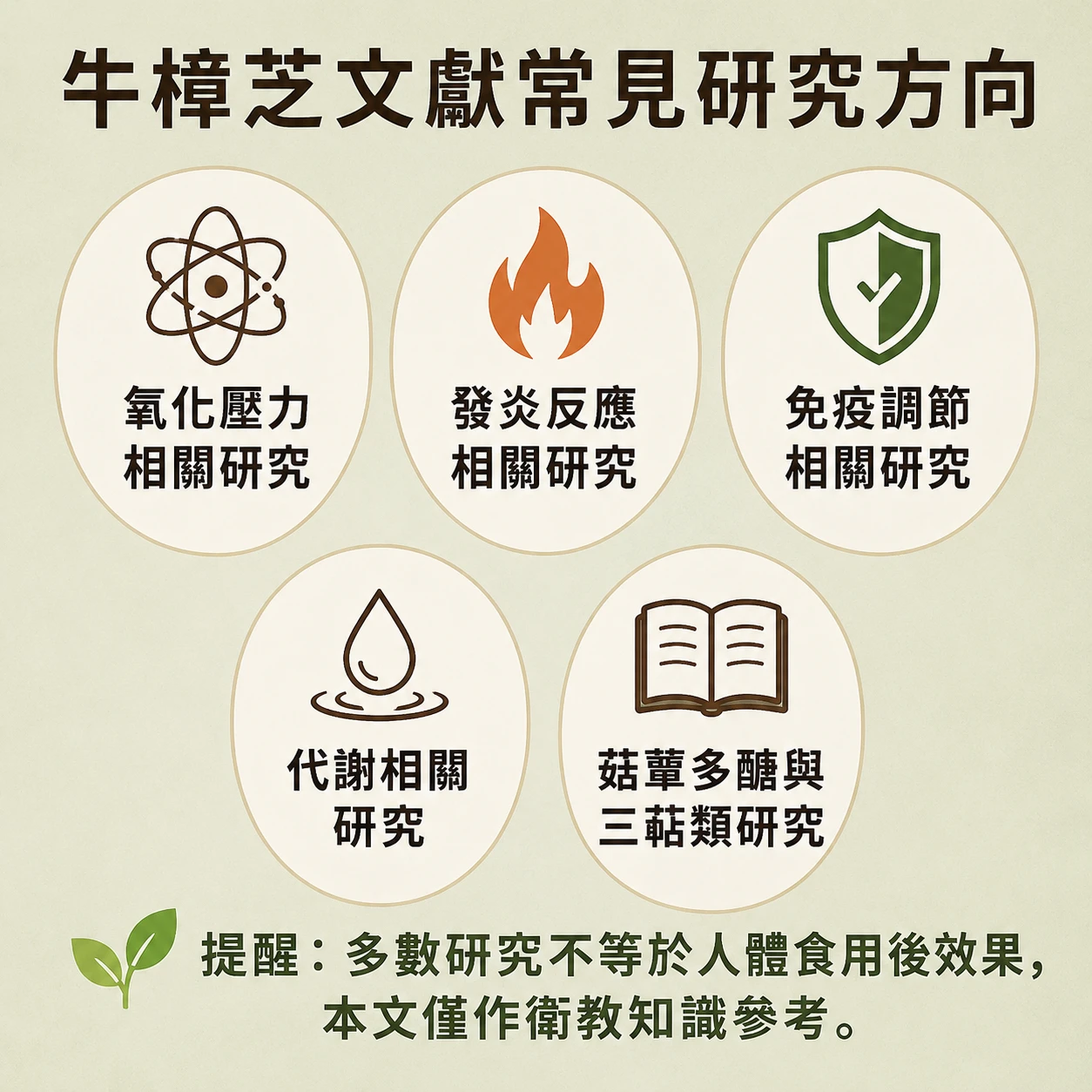 牛樟芝文獻研究方向，包含氧化壓力、生理調節路徑、代謝相關研究與安全性研究。