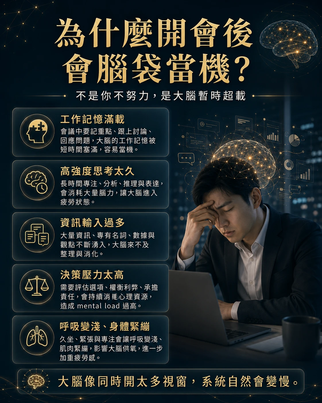 開會後大腦當機感原因,包含工作記憶滿載、高強度思考、資訊過多與決策壓力