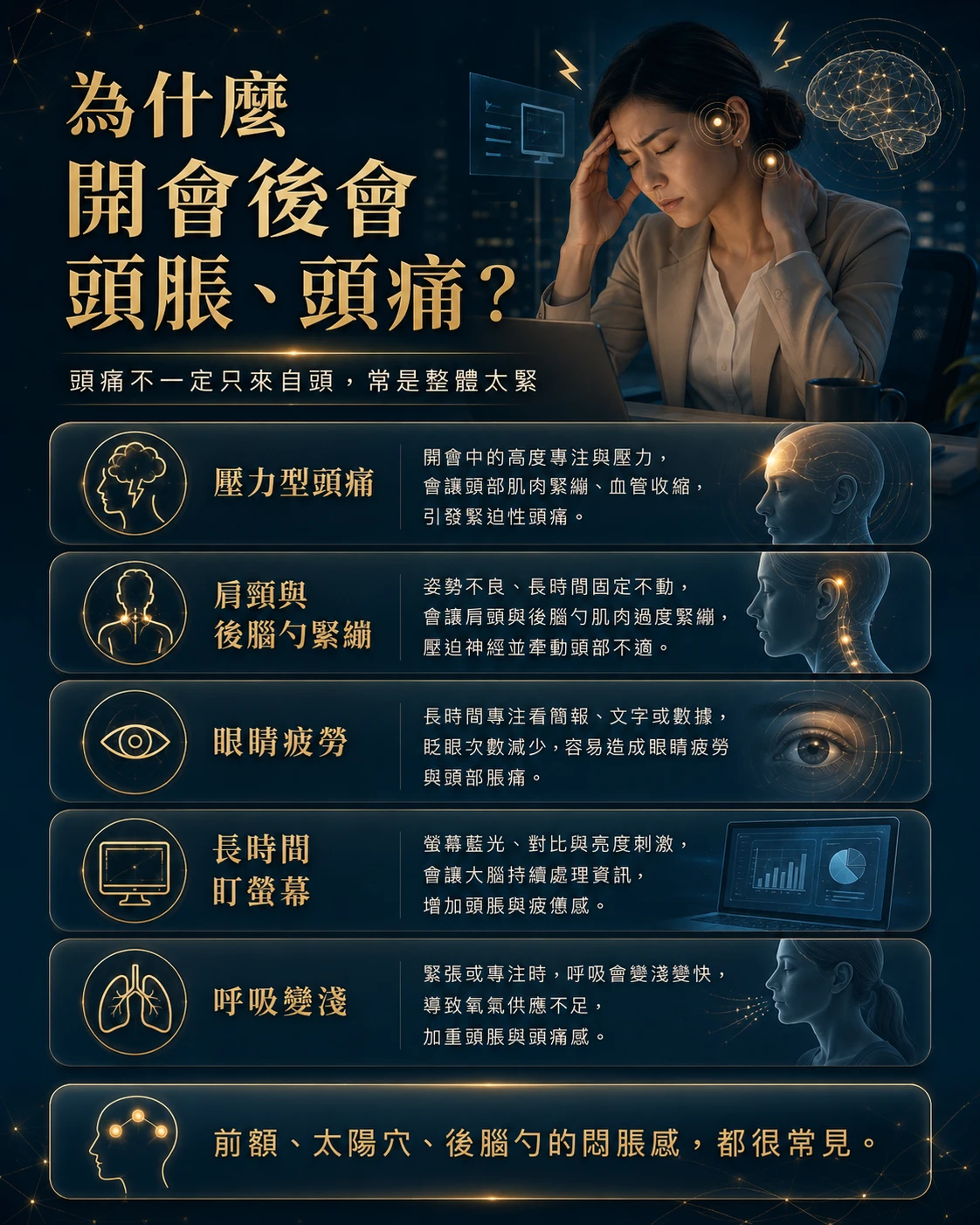 開會後頭脹頭痛常見原因,包含壓力型頭痛、肩頸緊繃、眼睛疲勞與呼吸變淺