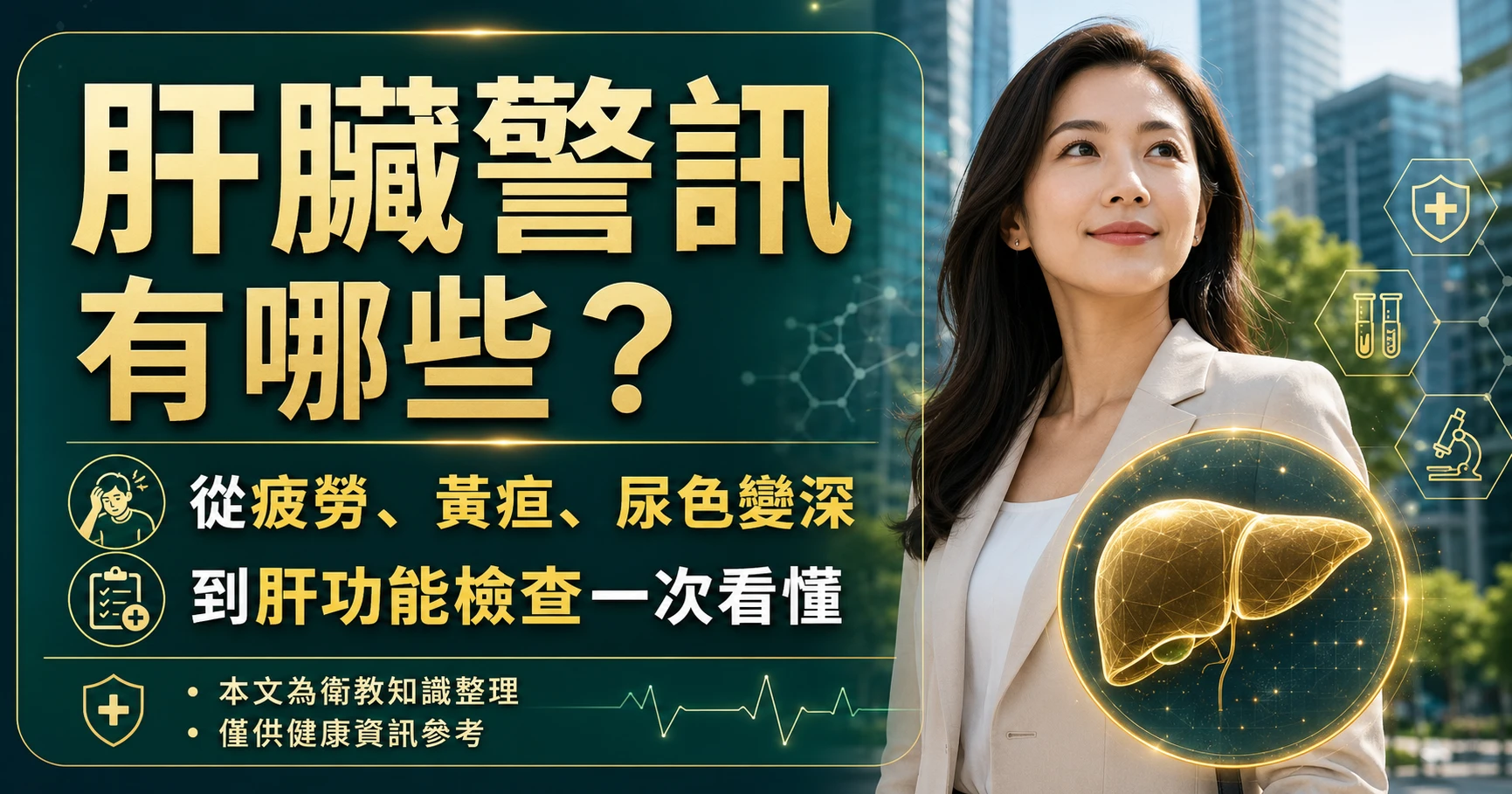肝臟警訊指南，整理疲勞、黃疸、尿色變深、糞便變淺與肝功能檢查重點。