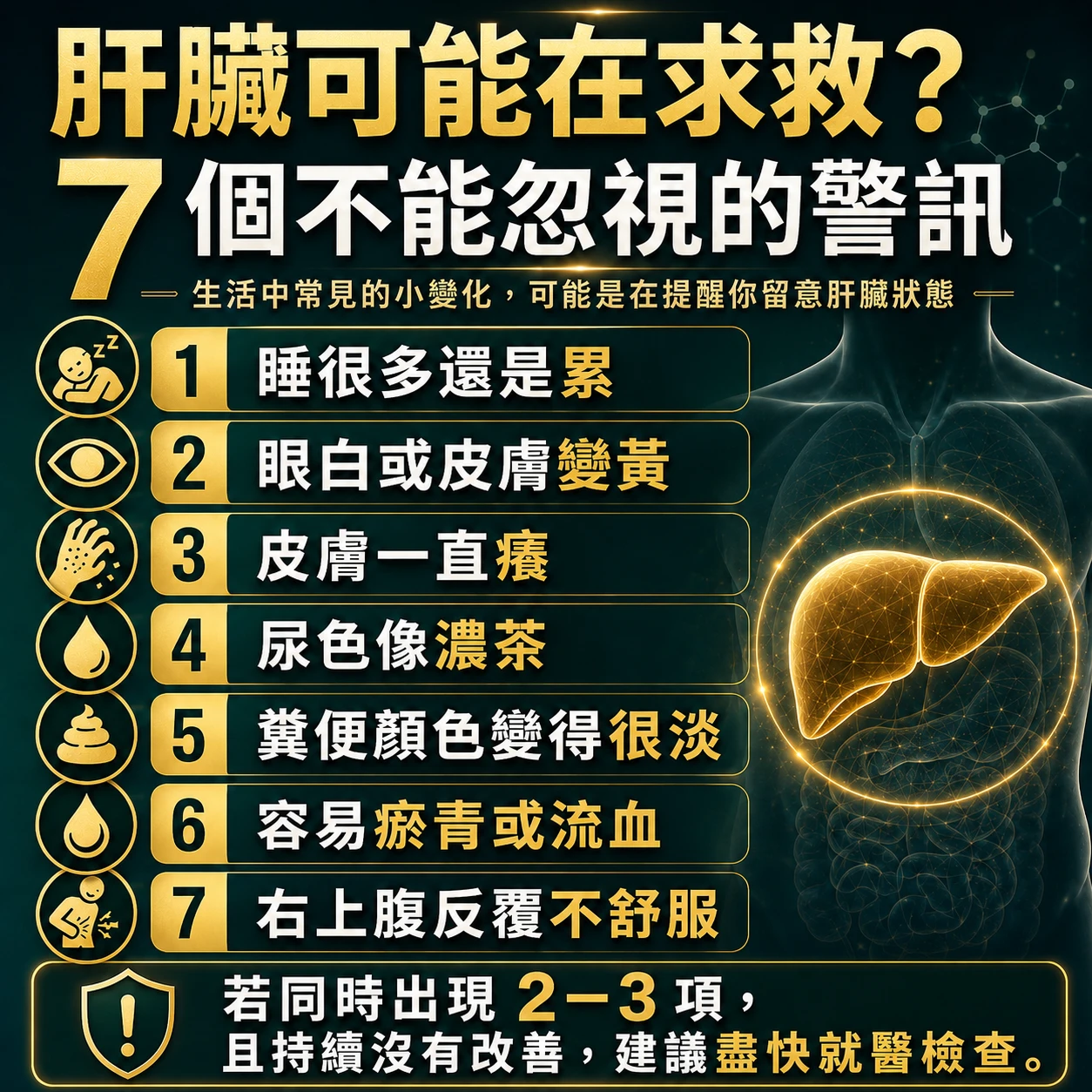 肝臟警訊整理,包含睡很多還是累、眼白或皮膚變黃、皮膚搔癢、尿色像濃茶、糞便顏色變淡、容易瘀青流血與右上腹不舒服。