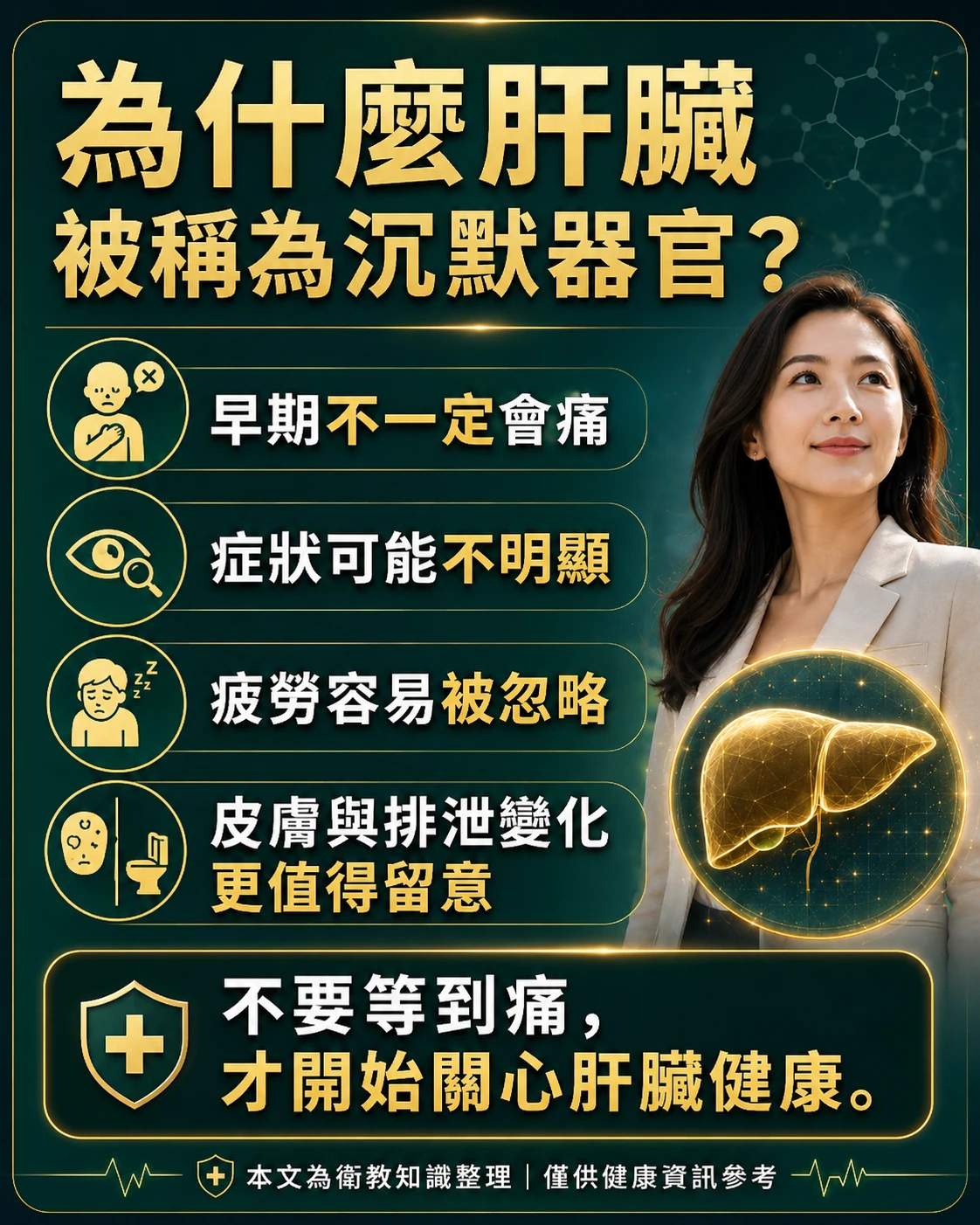 肝臟沉默器官說明,整理早期不一定疼痛、疲勞易忽略與皮膚排泄變化警訊。