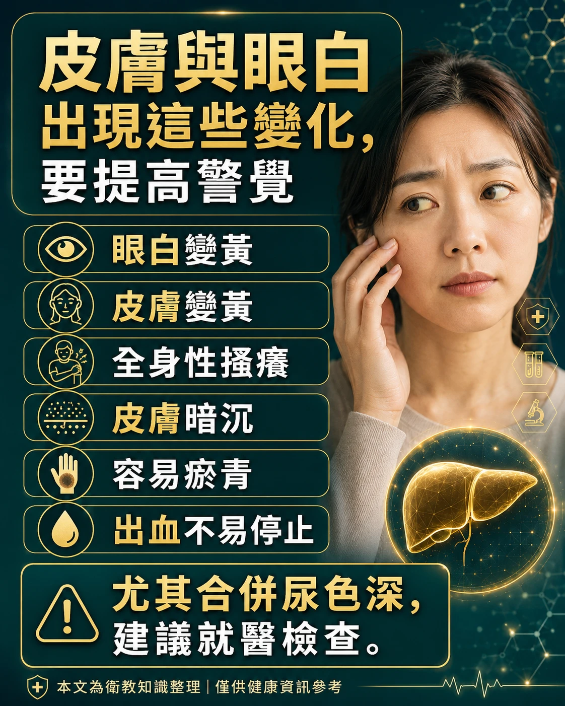肝臟警訊皮膚與眼白變化,整理黃疸、皮膚癢、皮膚變黃、容易瘀青與出血不易停止。