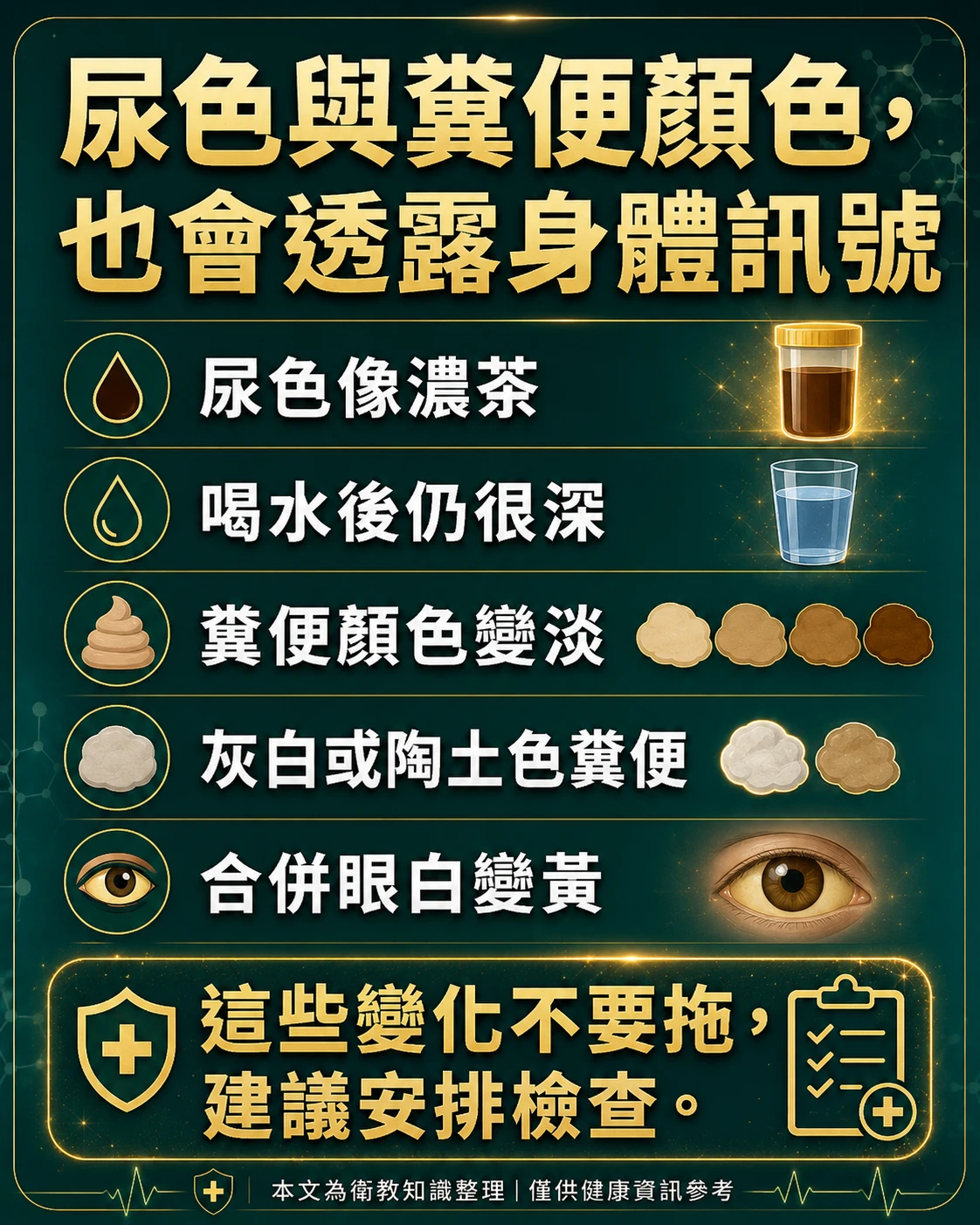 尿色變深與糞便顏色變淺警訊,整理濃茶色尿液、灰白色糞便與黃疸相關觀察。