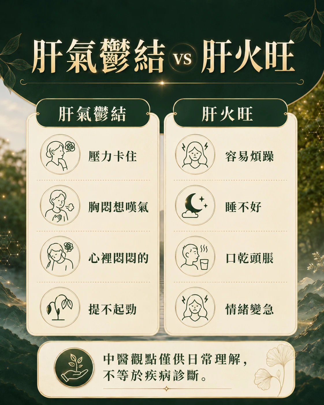 肝氣鬱結與肝火旺比較，整理胸悶想嘆氣、情緒煩躁、睡不好與頭脹等日常狀態
