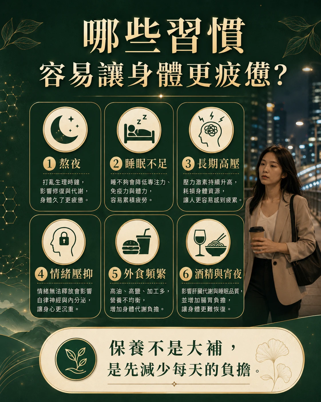 現代生活疲勞原因，包含熬夜、睡眠不足、長期高壓、情緒壓抑、外食頻繁與酒精宵夜