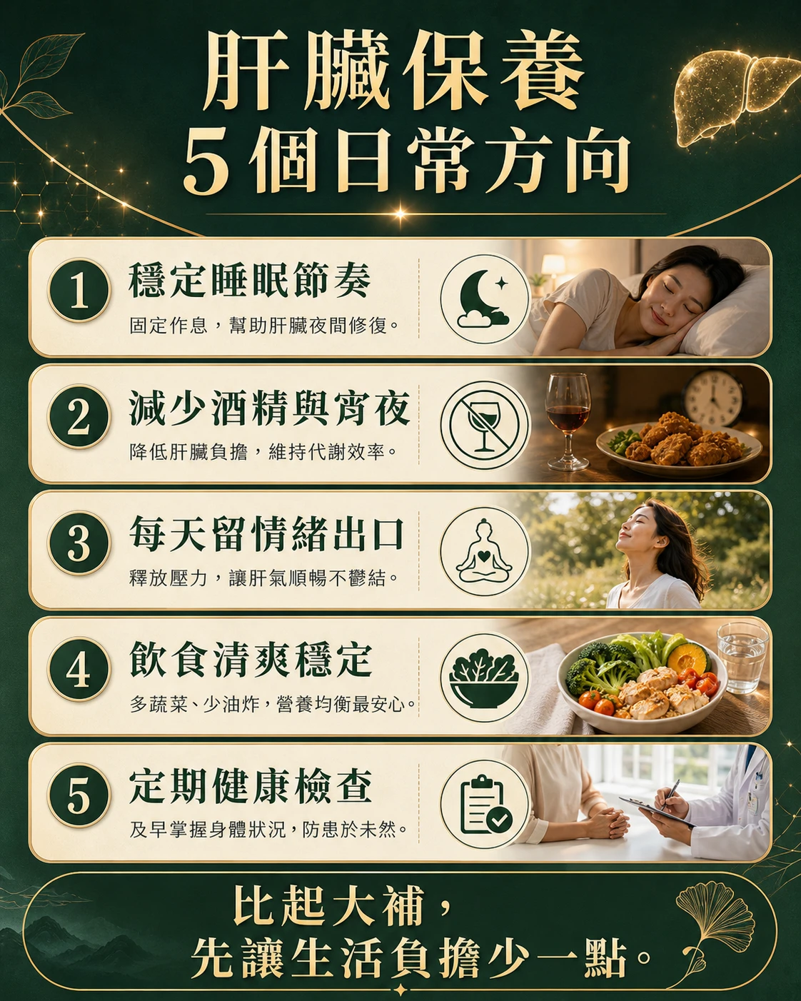 肝臟保養五個日常方向，包含穩定睡眠、減少酒精宵夜、情緒出口、清爽飲食與健康檢查