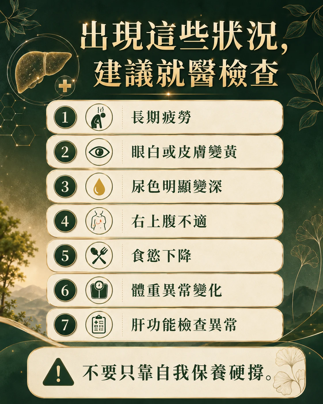 肝臟健康就醫警訊，包含長期疲勞、眼白皮膚變黃、尿色變深、右上腹不適與肝功能異常