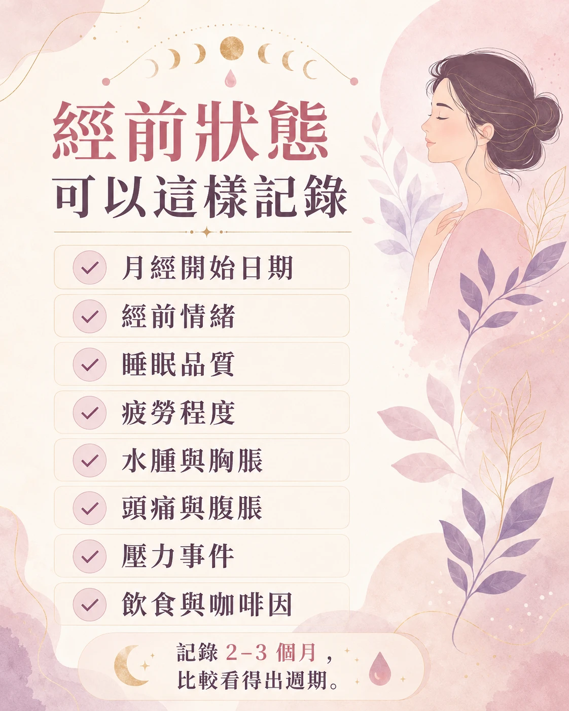 PMS 週期記錄方法，整理月經日期、經前情緒、睡眠、疲勞、水腫、胸脹、頭痛與飲食壓力。