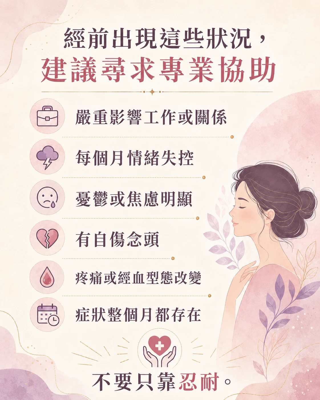 PMS 就醫警訊整理，包含經前情緒失控、憂鬱焦慮、自傷念頭、疼痛加重與月經型態改變。