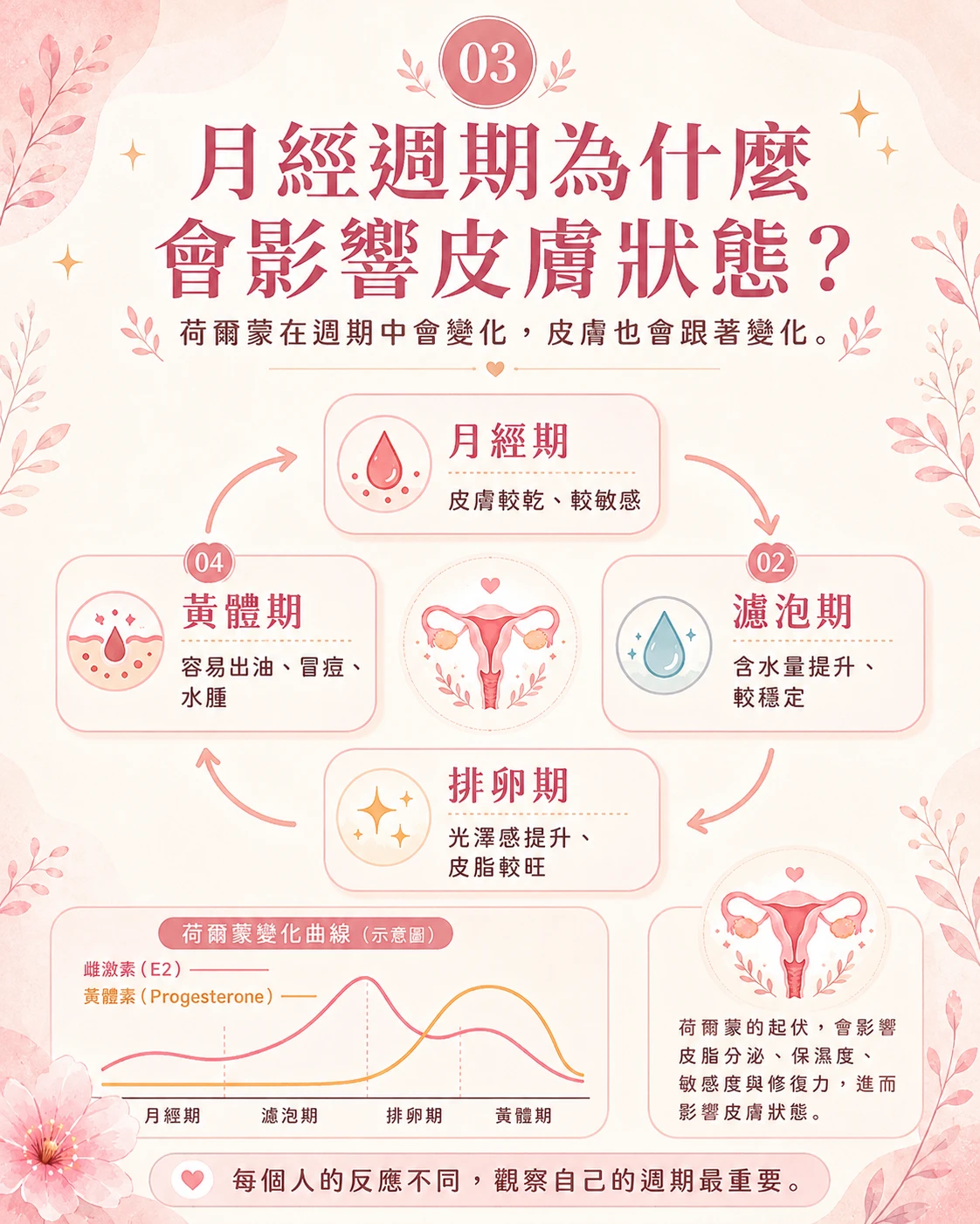 月經週期與皮膚狀態關係,整理雌激素、黃體期、出油、冒痘、水腫、月經期乾燥與敏感。
