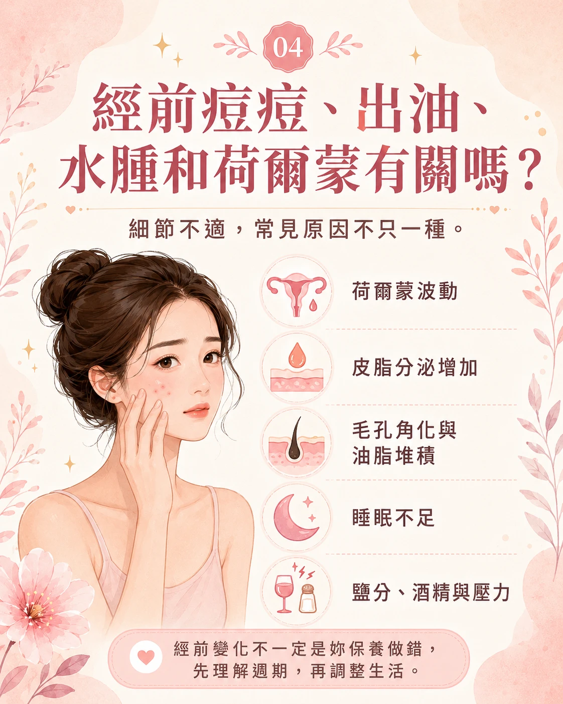 經前痘痘、出油與水腫原因整理,包含皮脂分泌、毛孔角化、發炎敏感度、睡眠不足、壓力、鹽分與酒精攝取。