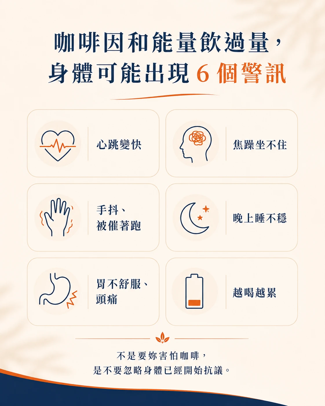 咖啡因攝取後若出現心悸、焦躁、手抖、睡眠受影響、胃部不適或頭痛，先停止繼續增加