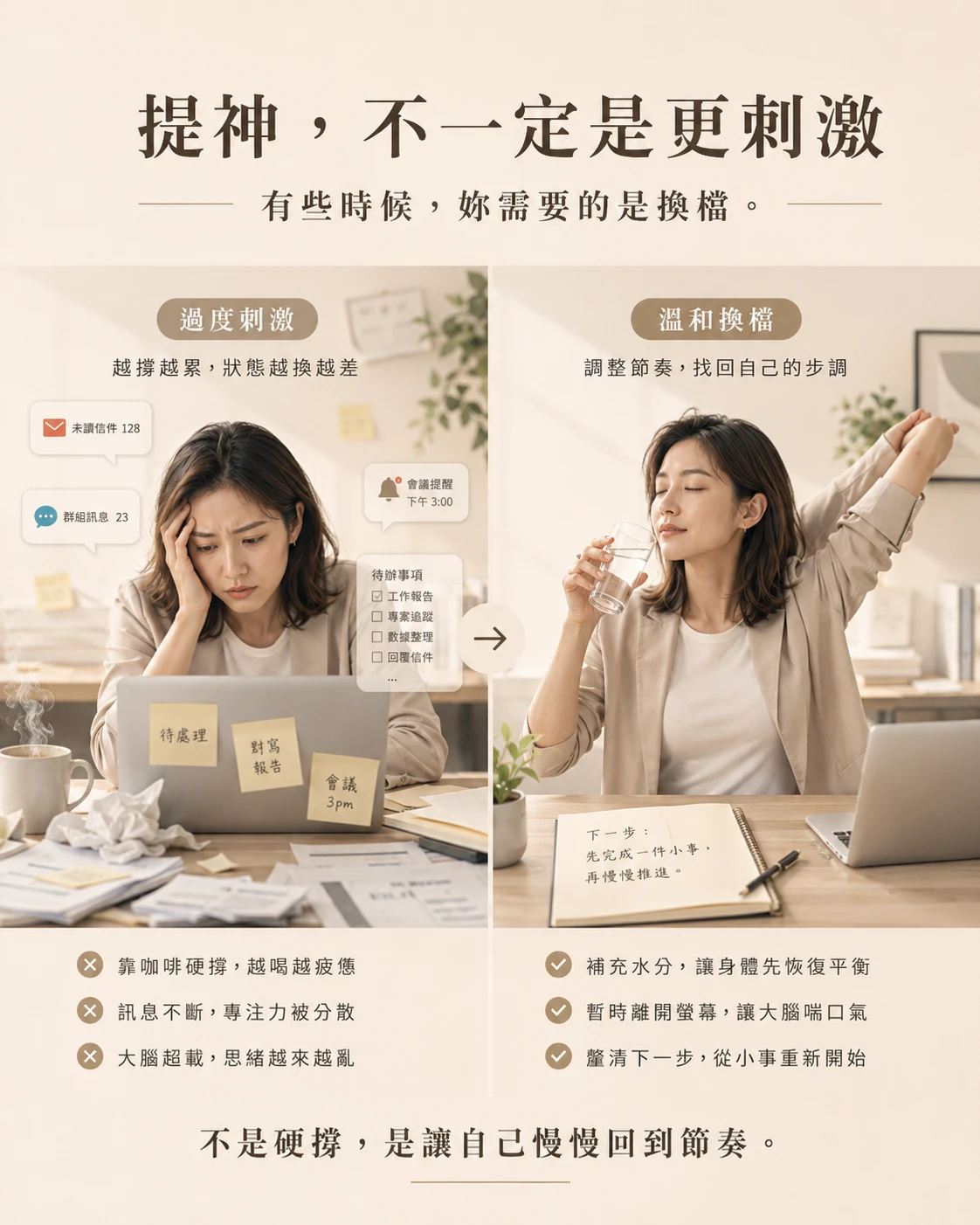 提神不一定是更刺激,有些時候妳需要的是換檔。高壓用腦後可以先讓大腦從一直輸出回到可以整理的狀態。