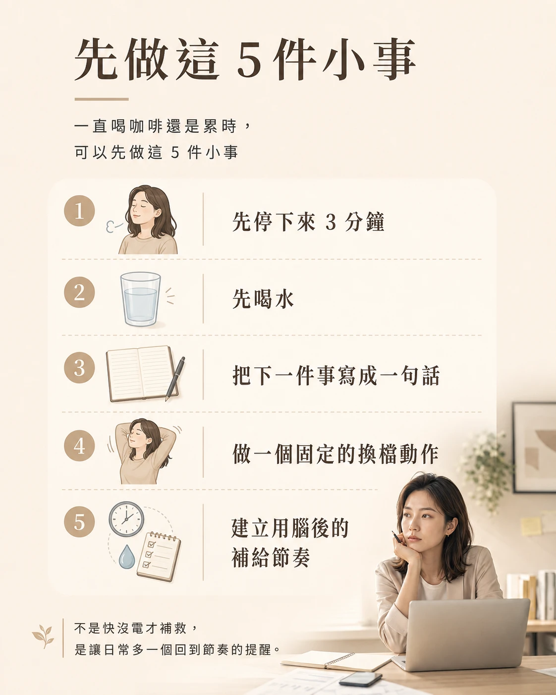 一直喝咖啡還是累時,可以先做 5 件小事,包括停下來 3 分鐘、喝水、寫下下一步、做換檔動作與建立補給節奏。