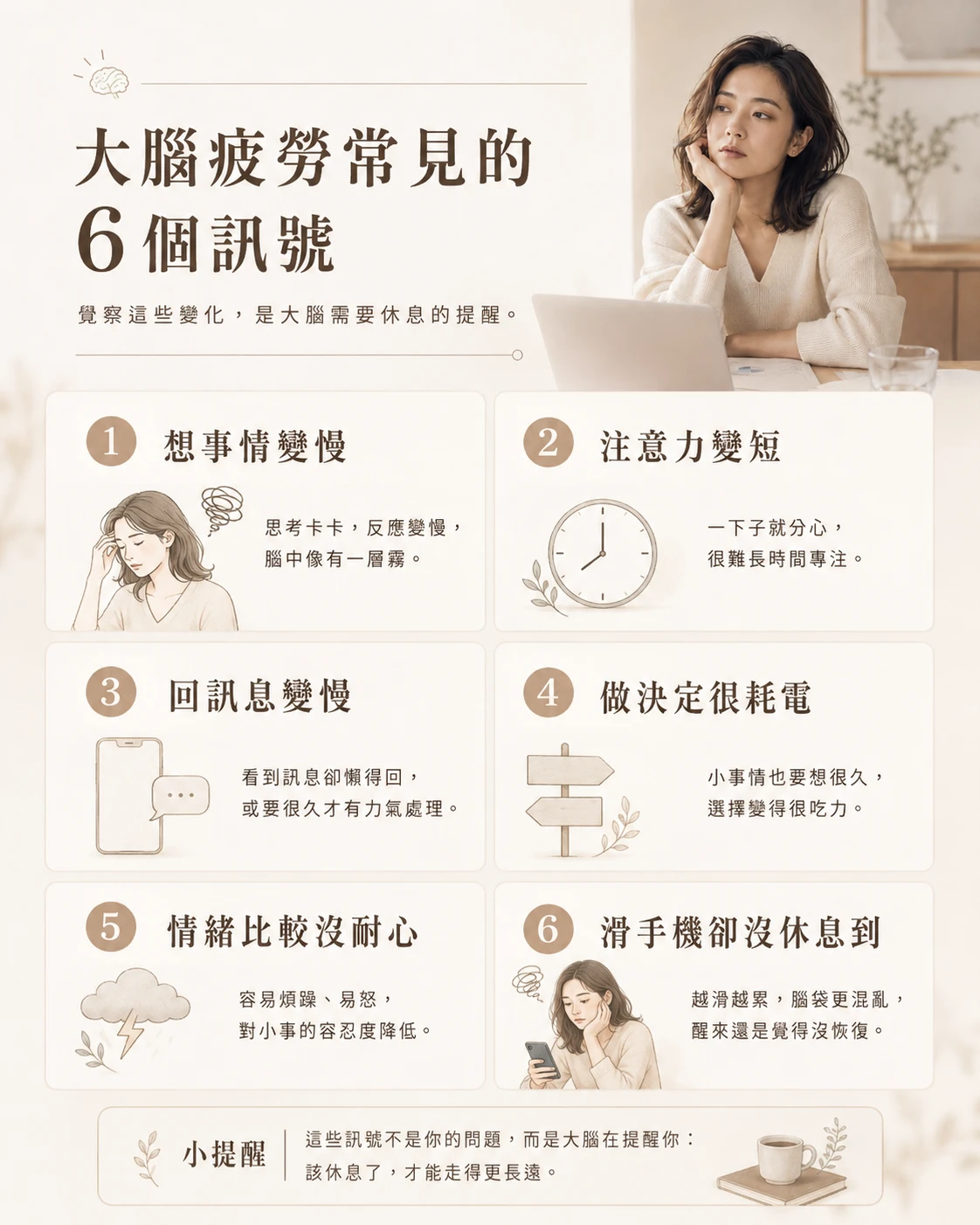 大腦疲勞常見 6 個訊號整理，包括腦袋卡卡、注意力變短、回訊息變慢、做決定變累、情緒沒耐心與滑手機卻沒休息到。