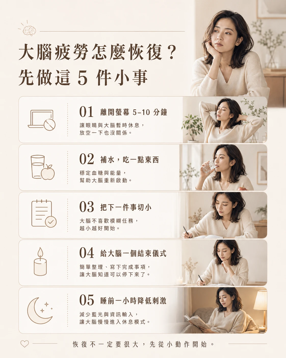 高強度思考後的大腦疲勞恢復方法，包含離開螢幕、補水吃點東西、把事情切小、給大腦結束儀式與睡前降低刺激。