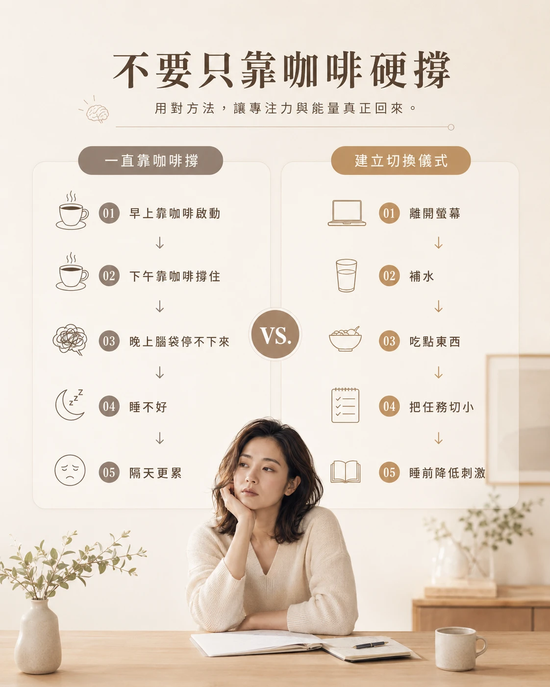 不要只靠咖啡硬撐的切換儀式建議，包含離開螢幕、喝水、寫下明天第一件事與睡前降低刺激，幫助高強度用腦後慢慢回到節奏。