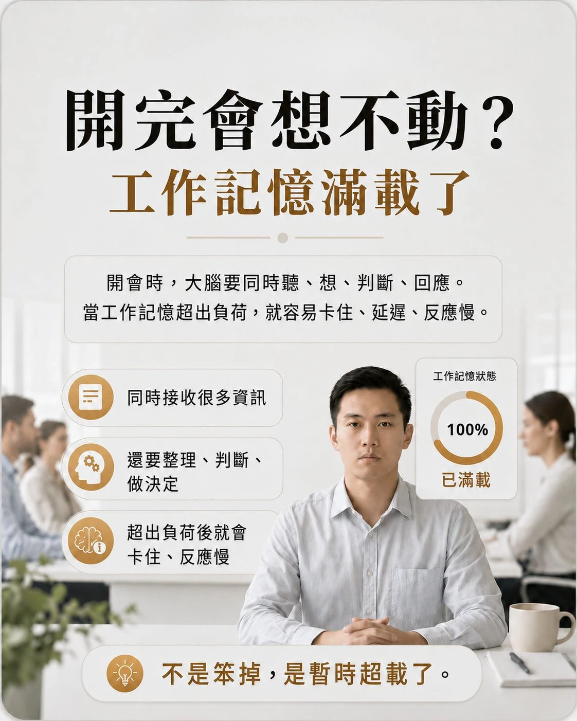 開會後工作記憶滿載示意圖，男子坐在會議室中呈現放空狀態，說明同時接收資訊、判斷與回應後容易出現短暫卡住與反應變慢