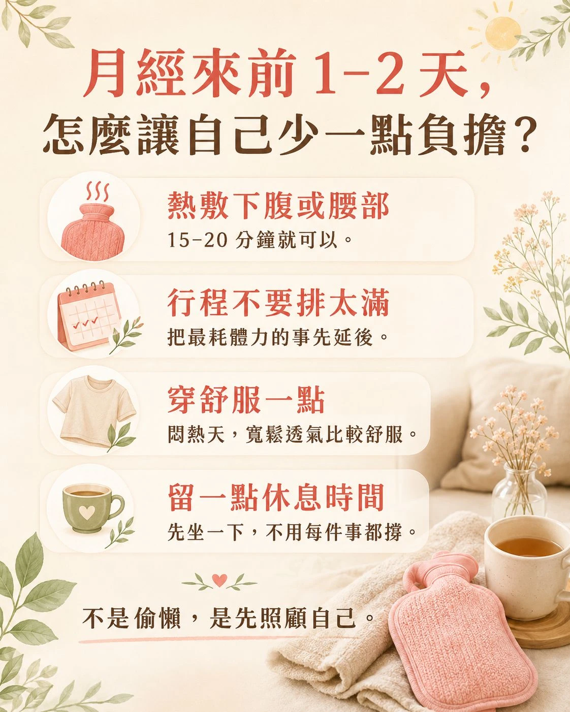 月經來前 1 到 2 天的經期照顧建議，包含熱敷下腹或腰部、不要把行程排太滿、穿舒服一點與留一點休息時間