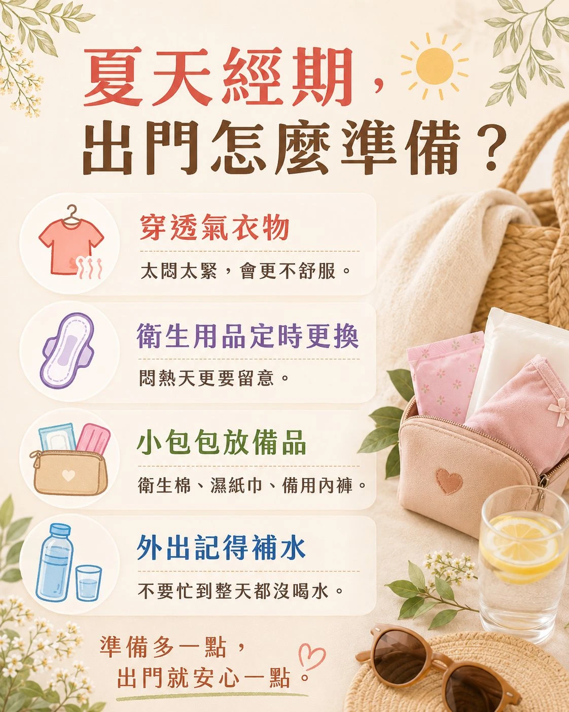 夏天經期出門準備提醒，建議穿透氣衣物、定時更換衛生用品、準備經期小包並記得補水，讓外出時更安心