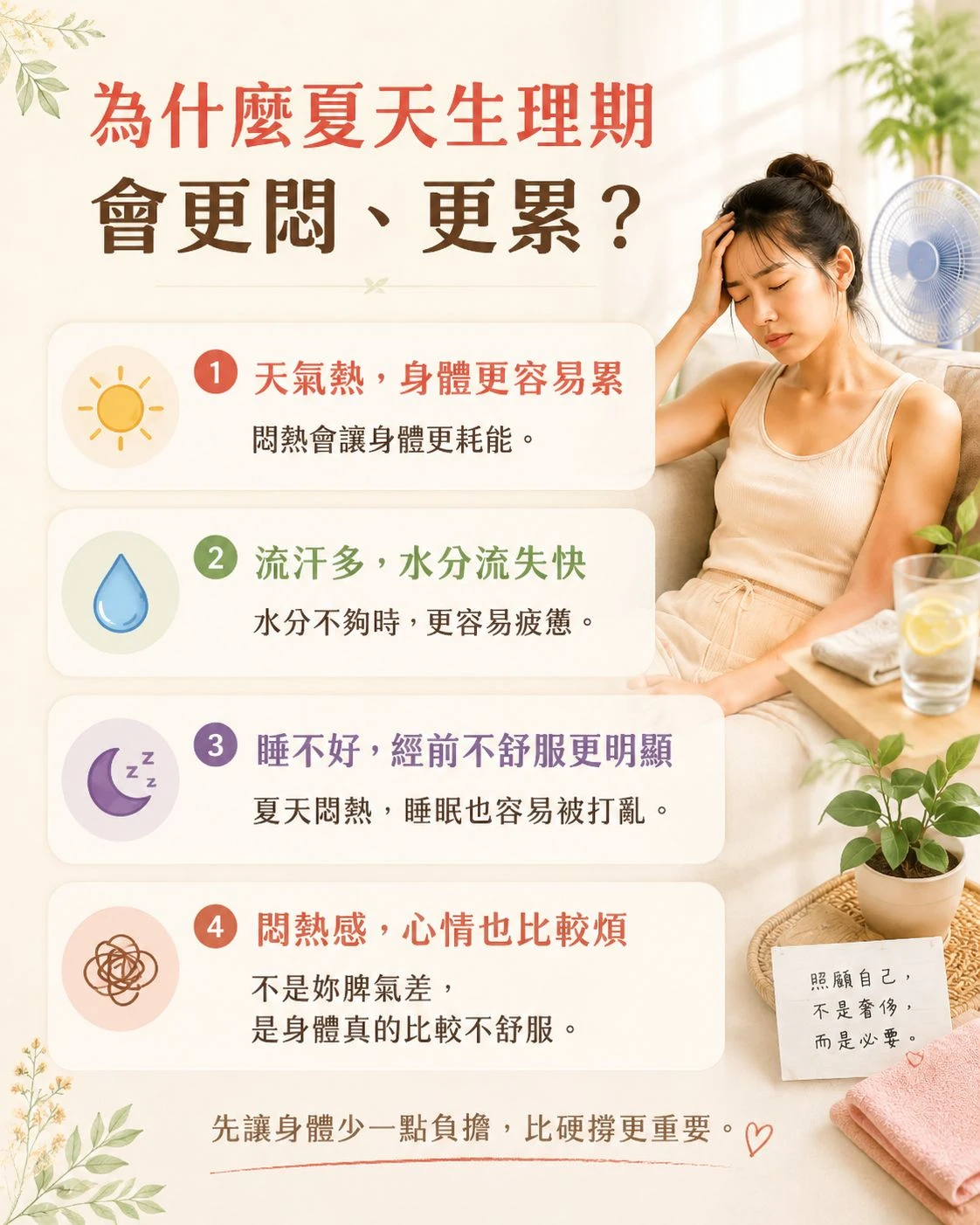 夏天生理期更悶更累的常見原因，包含天氣熱讓身體更耗能、流汗多水分流失快、睡不好，以及悶熱感讓心情更煩