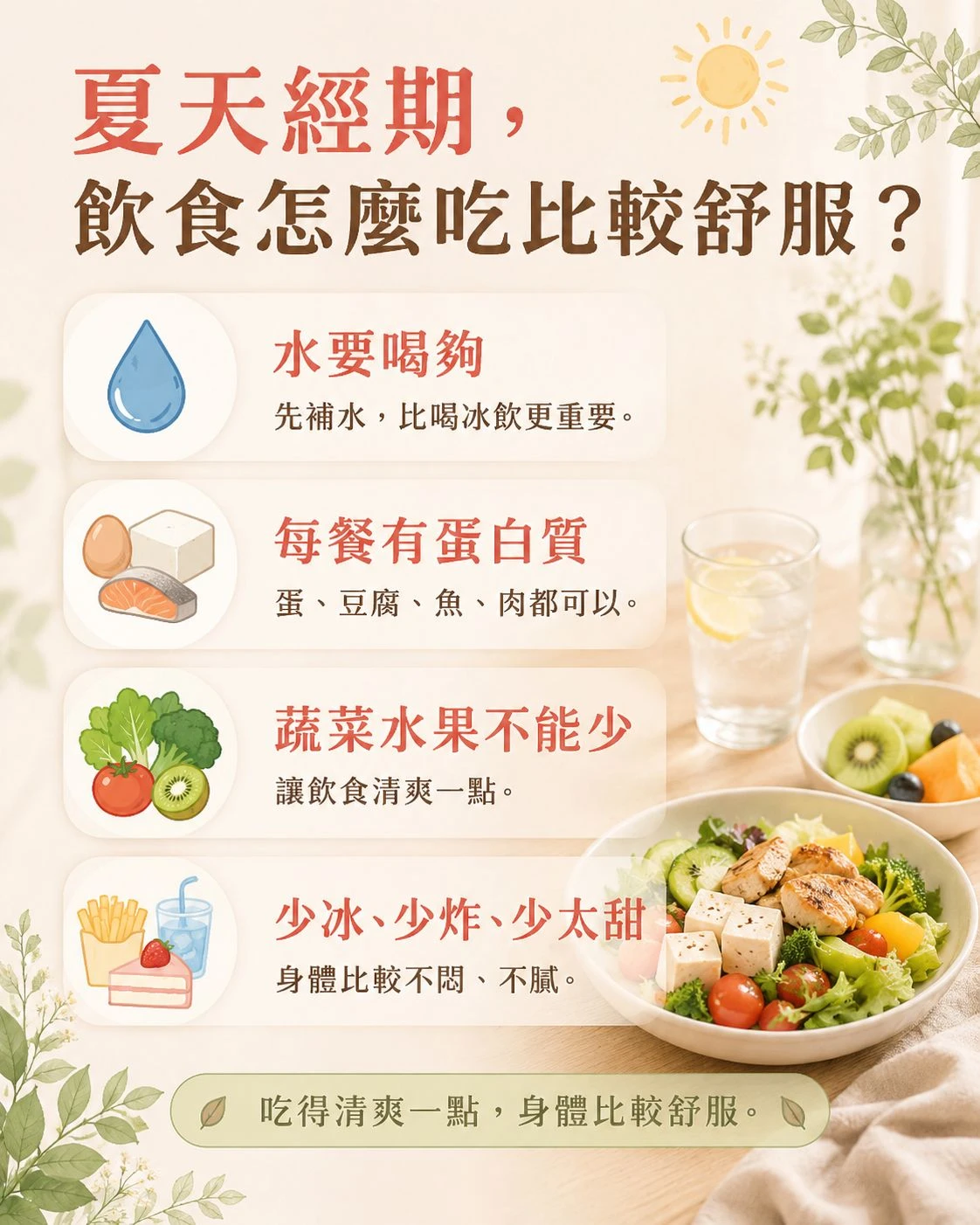 夏天經期飲食建議，提醒水要喝夠、每餐有蛋白質、蔬菜水果不能少，並少冰、少炸、少太甜，讓飲食清爽一點