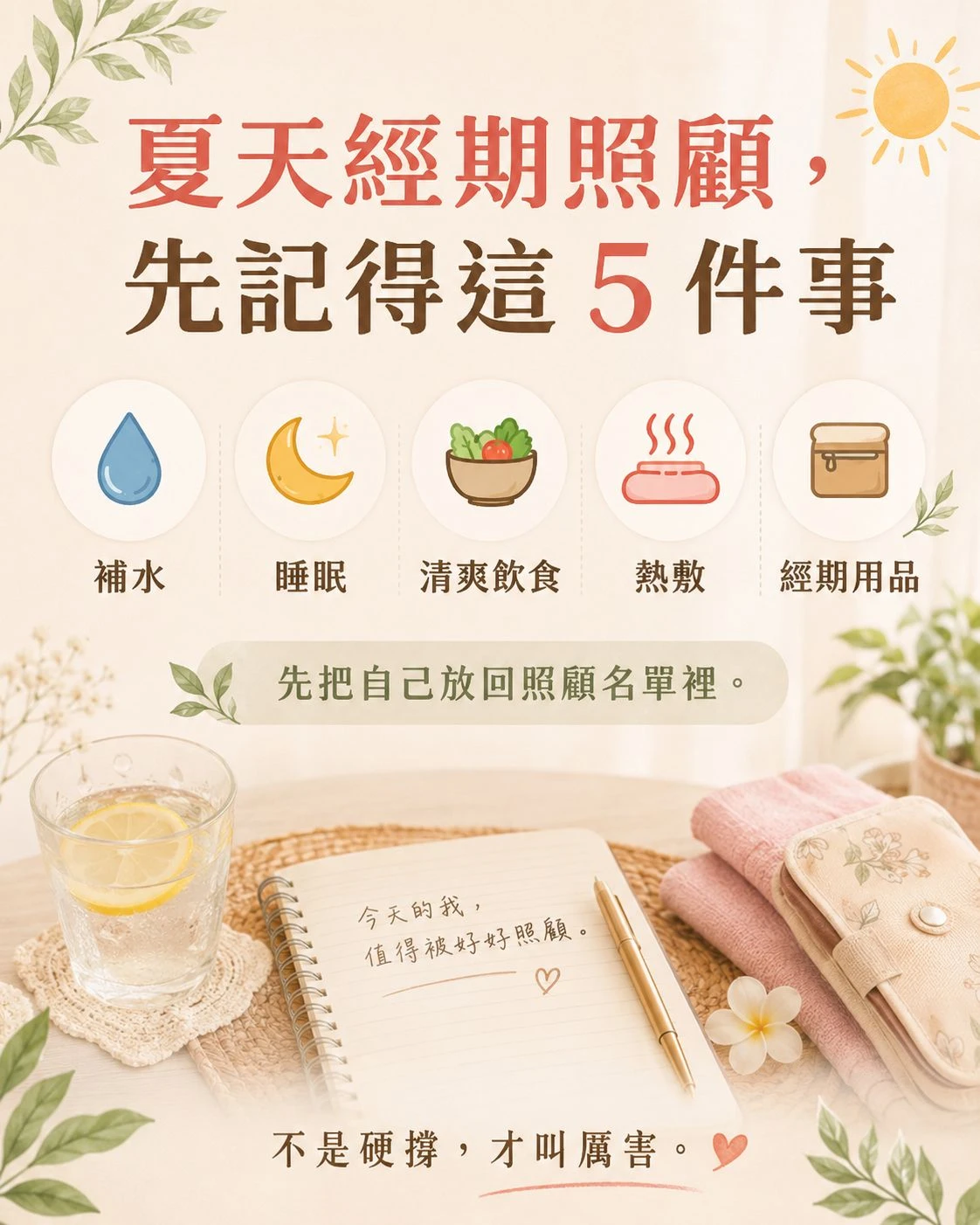 夏天經期照顧重點整理，提醒補水、睡眠、清爽飲食、熱敷與經期用品準備，讓女生在夏天月經期間少一點硬撐