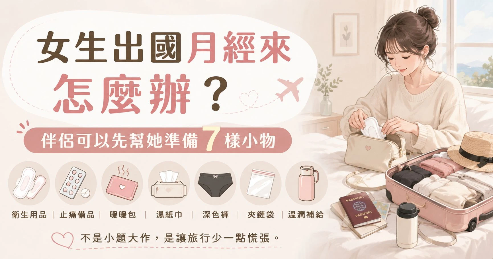 出國月經來怎麼辦，7 樣旅行經期小物與應急準備指南：衛生用品、止痛備品、暖暖包、濕紙巾、替換衣物、小收納袋與日常補給。
