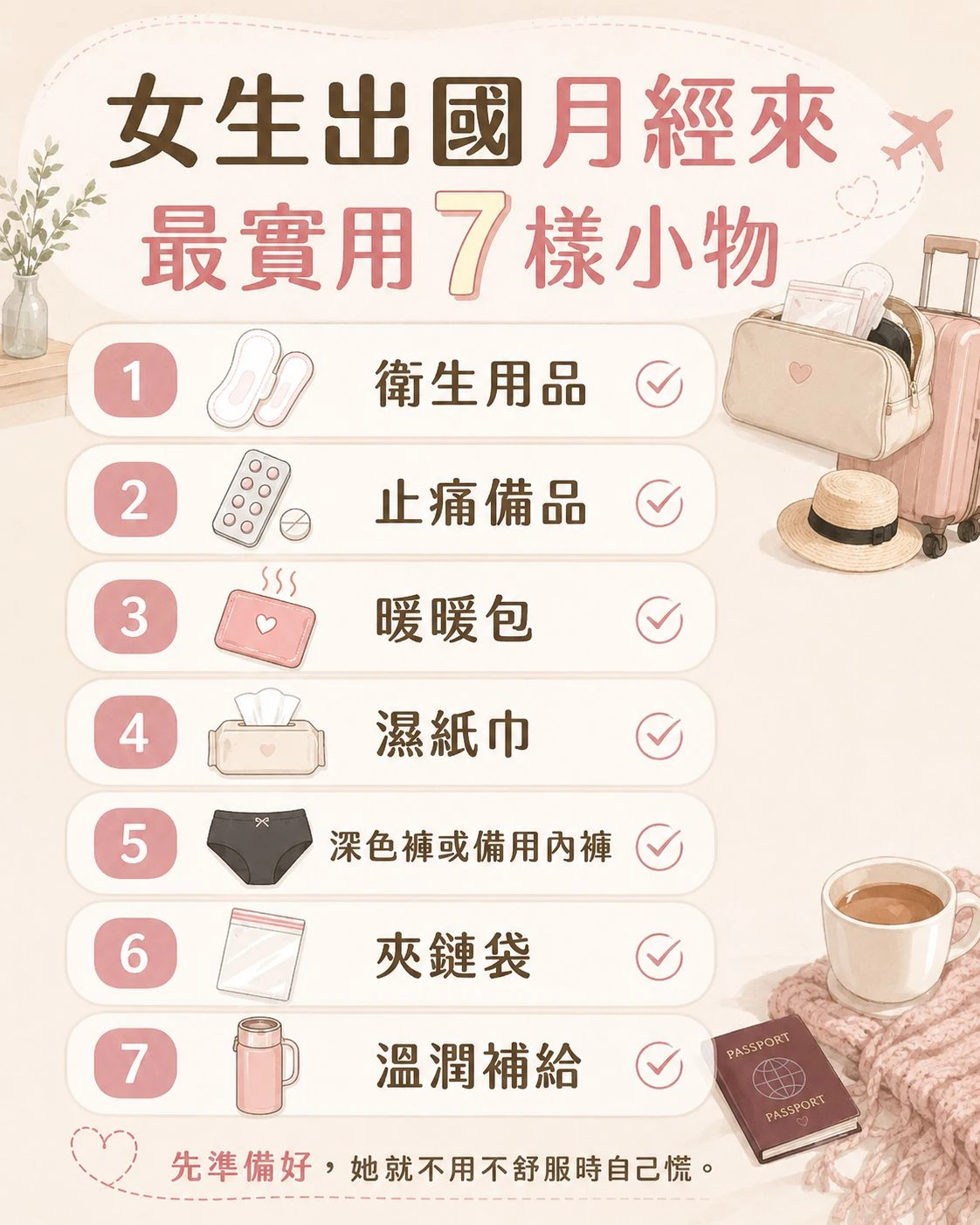 女生出國月經來最實用 7 樣小物清單，包含衛生用品、止痛備品、暖暖包、濕紙巾、深色褲或備用內褲、夾鏈袋與日常補給，幫助旅行時減少慌張