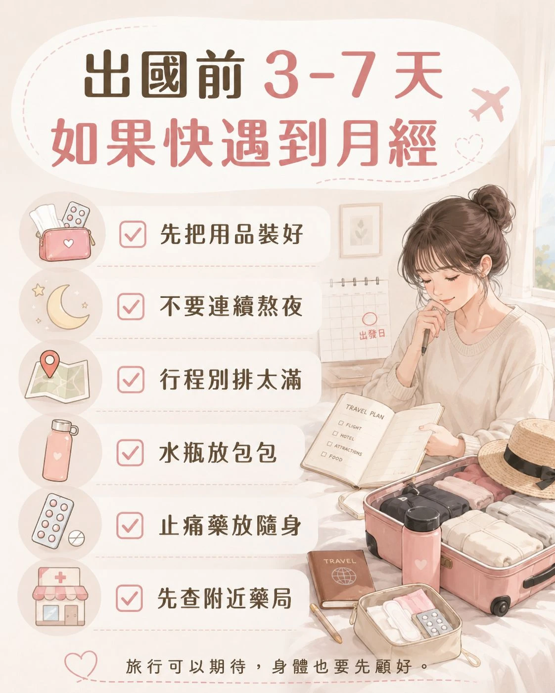 出國前 3 到 7 天如果快遇到月經，可以先把經期用品裝好、不要連續熬夜、行程別排太滿、水瓶放包包、止痛藥放隨身並先查附近藥局