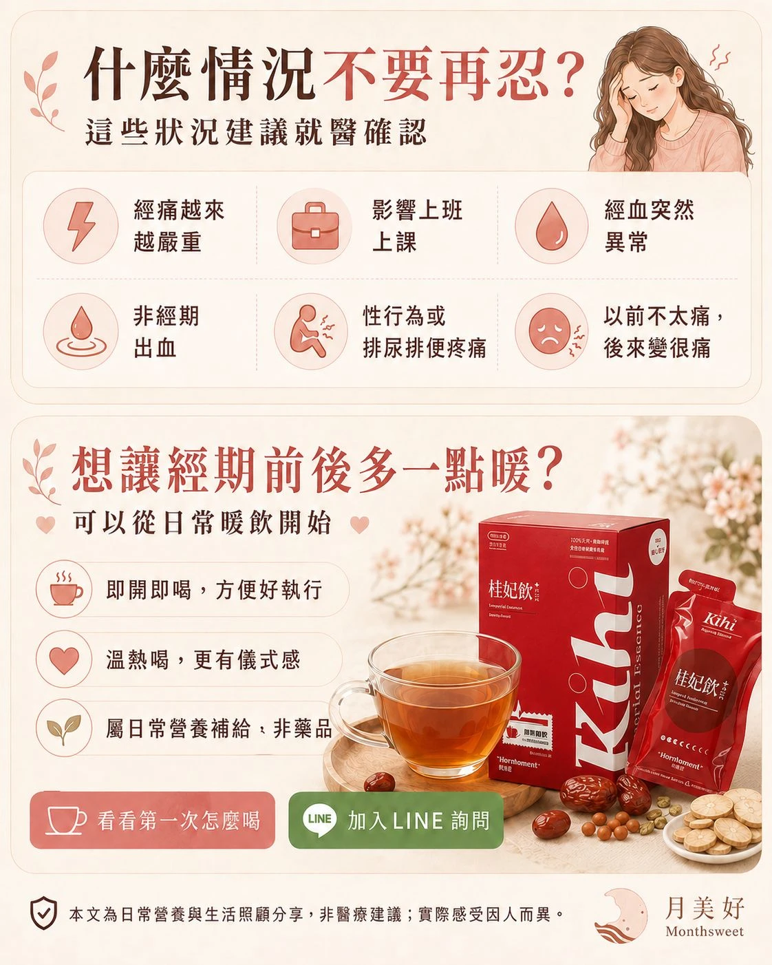 女性經期前後照顧提醒，整理需要諮詢婦產科醫師的狀況，並介紹桂妃飲作為日常營養補給暖飲。