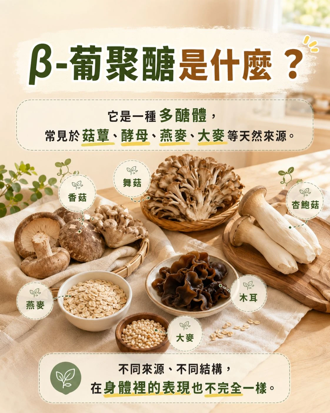香菇、舞菇、杏鮑菇、木耳、燕麥與大麥等天然食材，說明 &beta;-葡聚醣常見於菇蕈與穀物來源